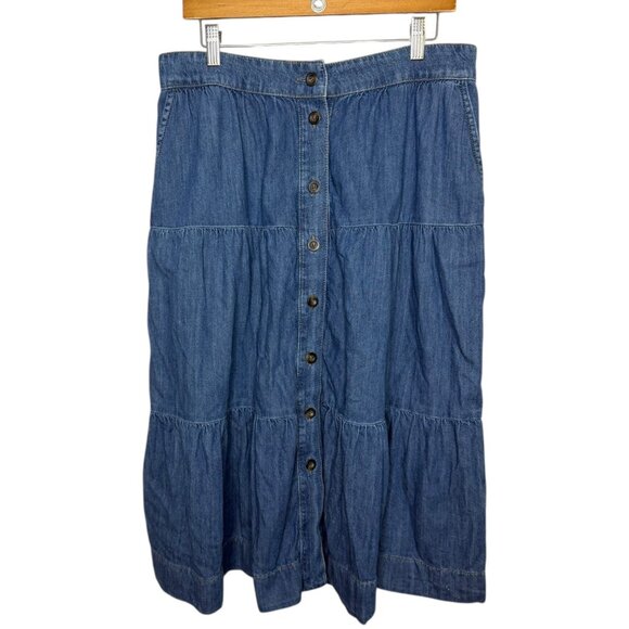 Boden Tiered Denim Midi Skirt Size 12 Regular Western Boho Cowgirl Americana - Picture 1 of 6